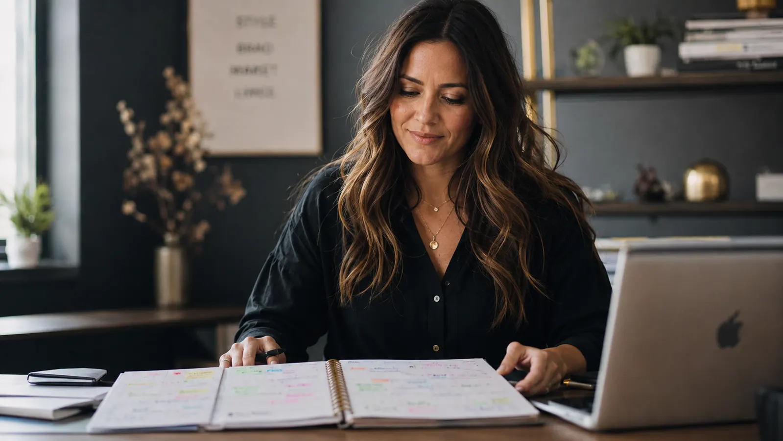 Entrepreneur reviewing completed daily planner pages spread out on a desk at end of week