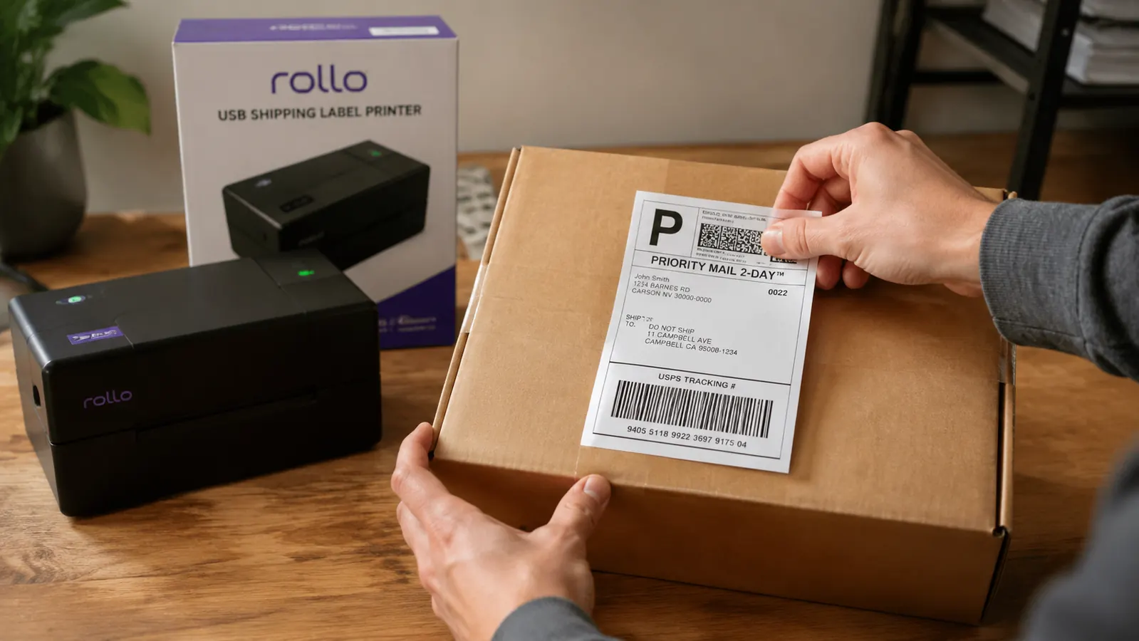 Hand placing a freshly printed 4x6 shipping label onto a cardboard box