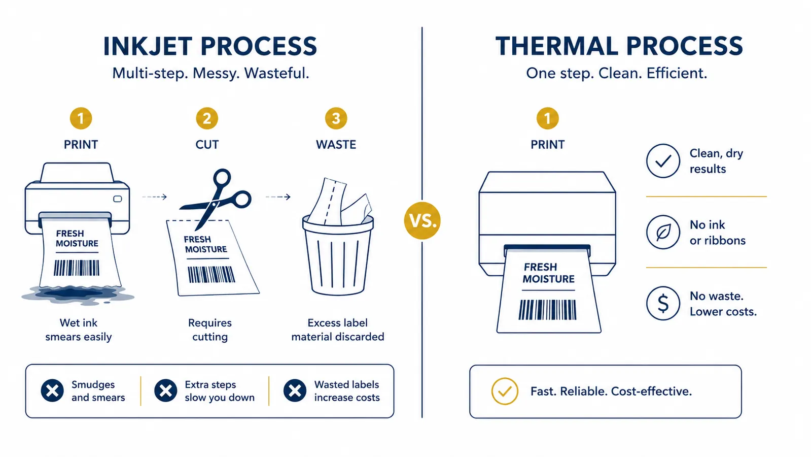 Side-by-side comparison showing inkjet label printing mess versus clean thermal label output