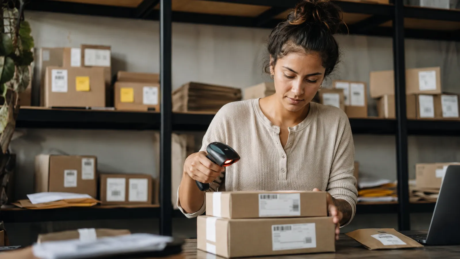 Ecommerce seller scanning a stack of packages ready to ship, all with clean thermal labels