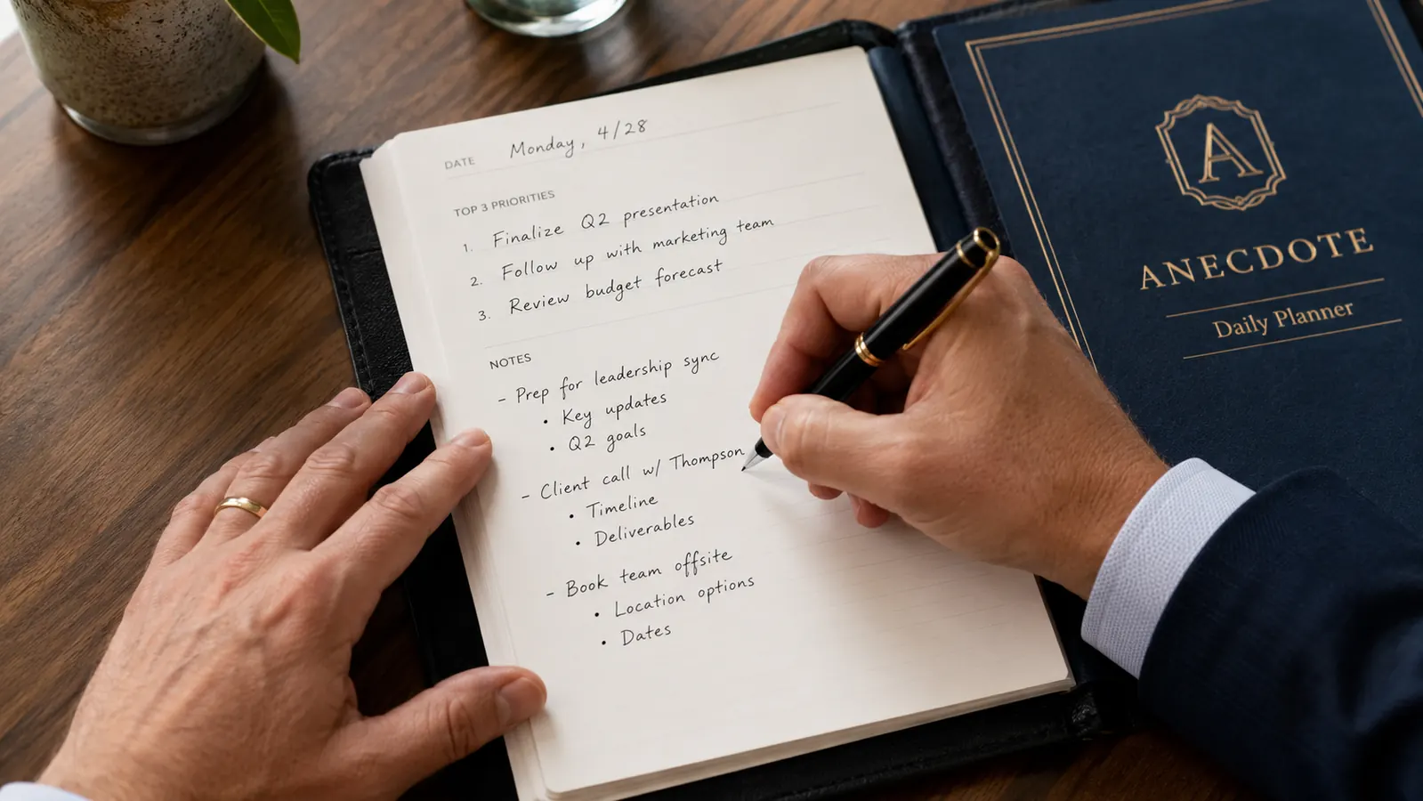 Close-up of the Anecdote Daily Planner open to a daily page showing the three priority slots and notes section