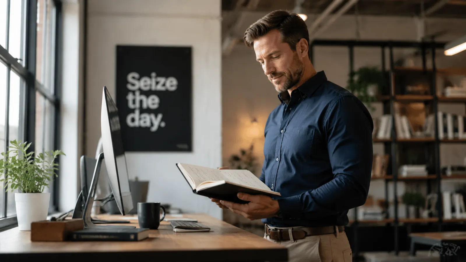 Professional holding the Anecdote Daily Planner open while standing at a standing desk reviewing morning tasks