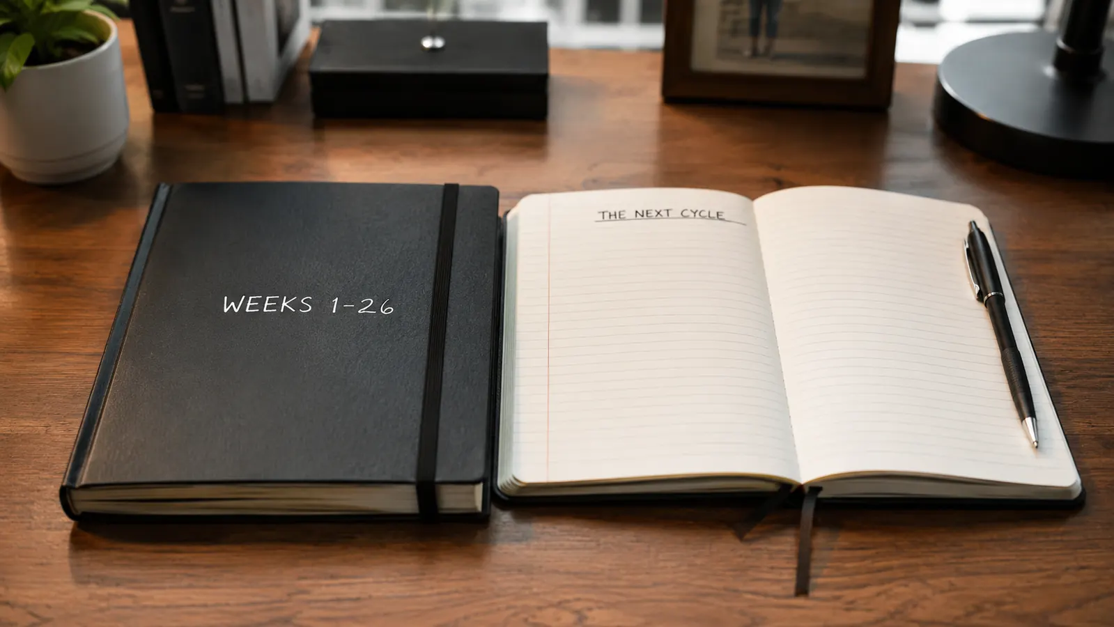 Anecdote Daily Planner beside a completed filled notebook, showing the progression of a 26-week planning cycle
