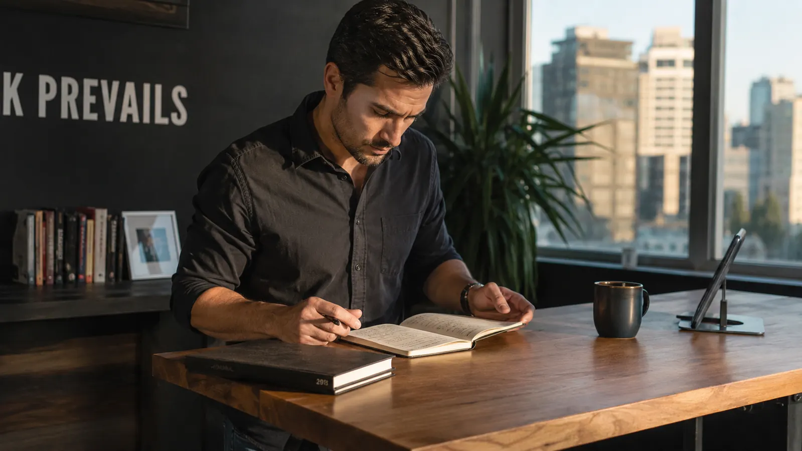 Entrepreneur reviewing a completed planner page at the end of a workday, stacking finished notebooks