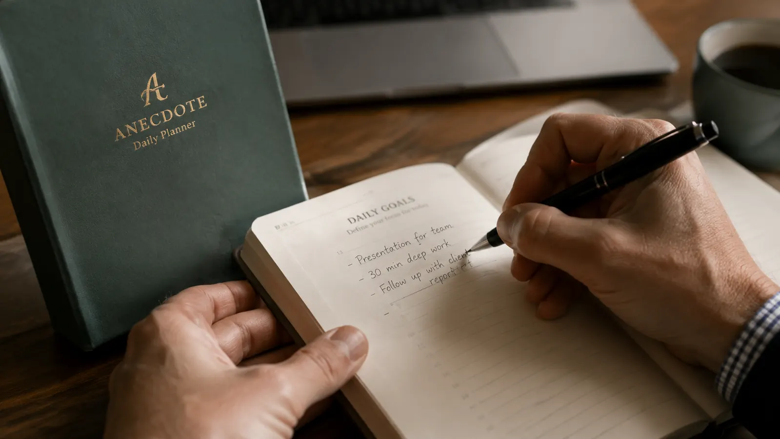 Hand writing daily priorities in the Anecdote planner with a pen