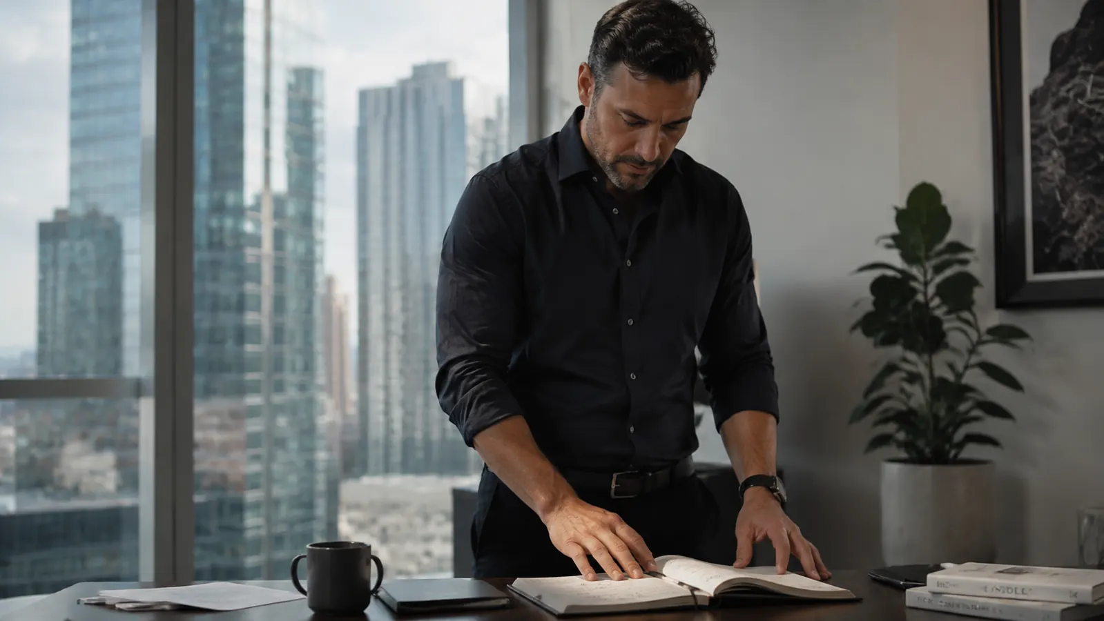 Entrepreneur reviewing their weekly goals and priorities in a daily planner at a standing desk