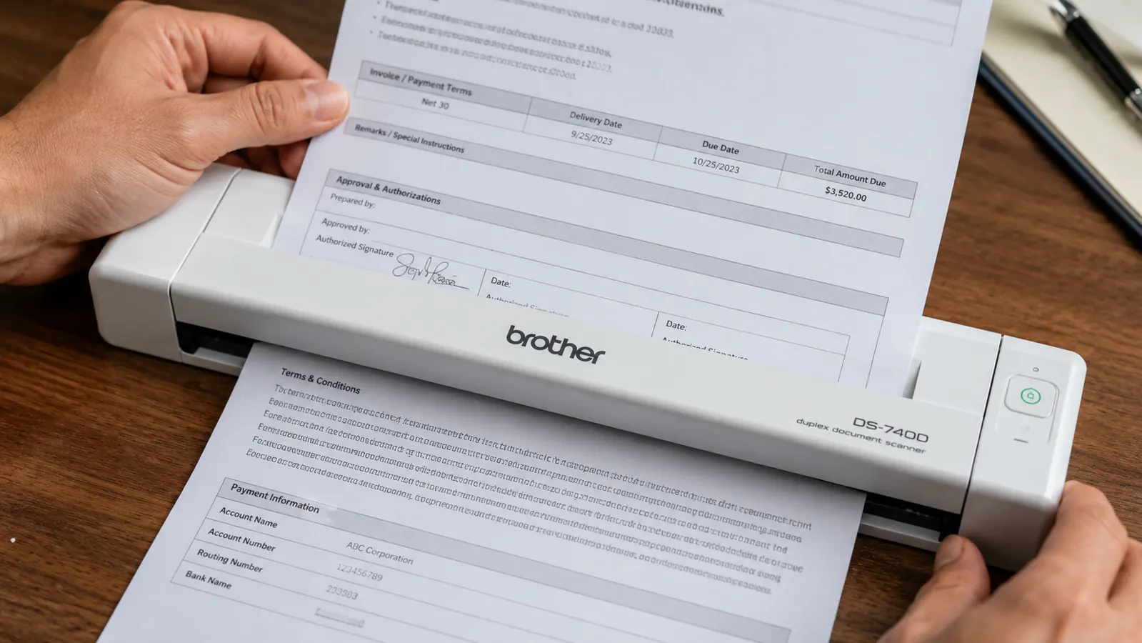 Close-up of a two-sided business contract being scanned through the Brother DS-740D in one pass