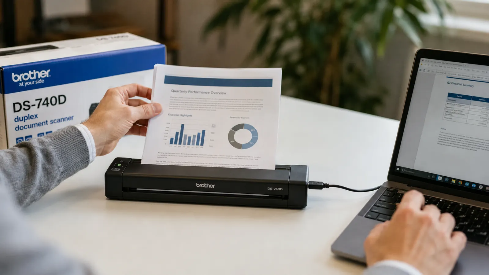 Hand feeding a multi-page business contract into the Brother DS-740D scanner feed slot