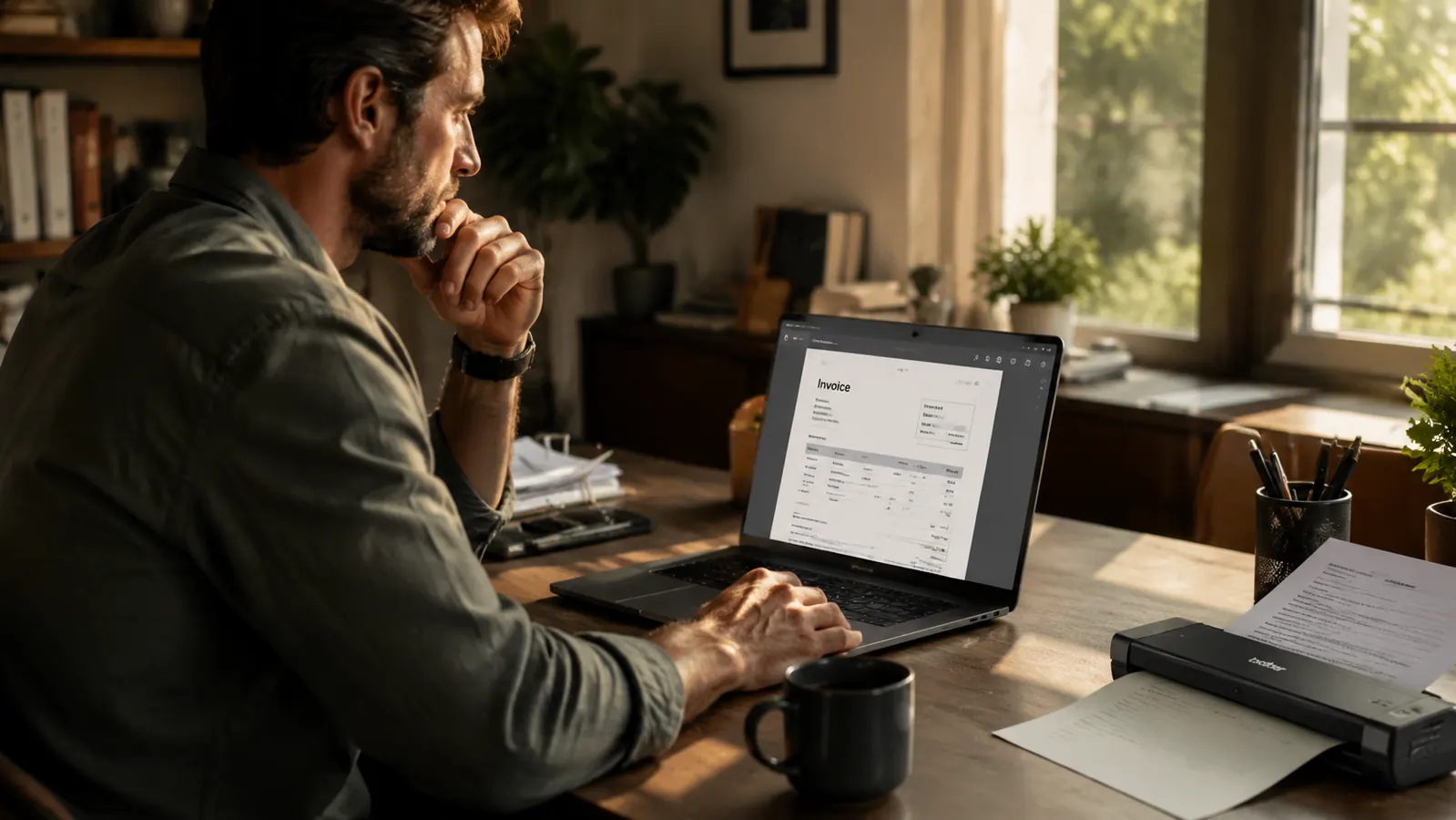 Entrepreneur reviewing digitized invoice PDFs on a laptop screen at a desk, document scanner nearby