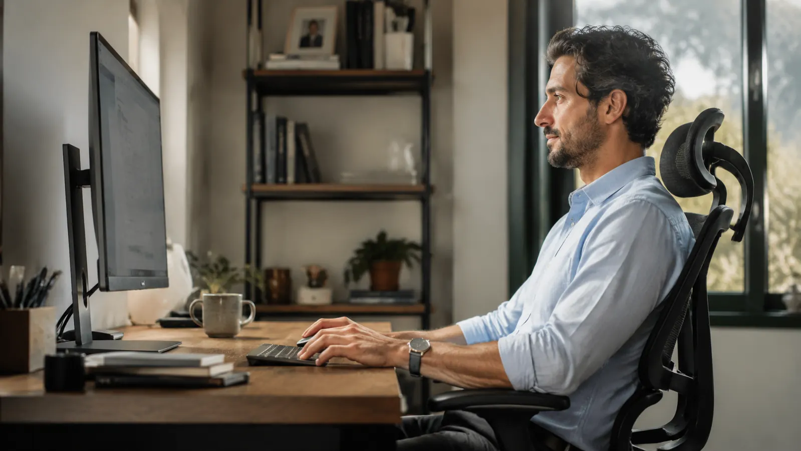 Person leaning back comfortably in an ergonomic chair, feet flat on floor, monitor at eye level, relaxed posture