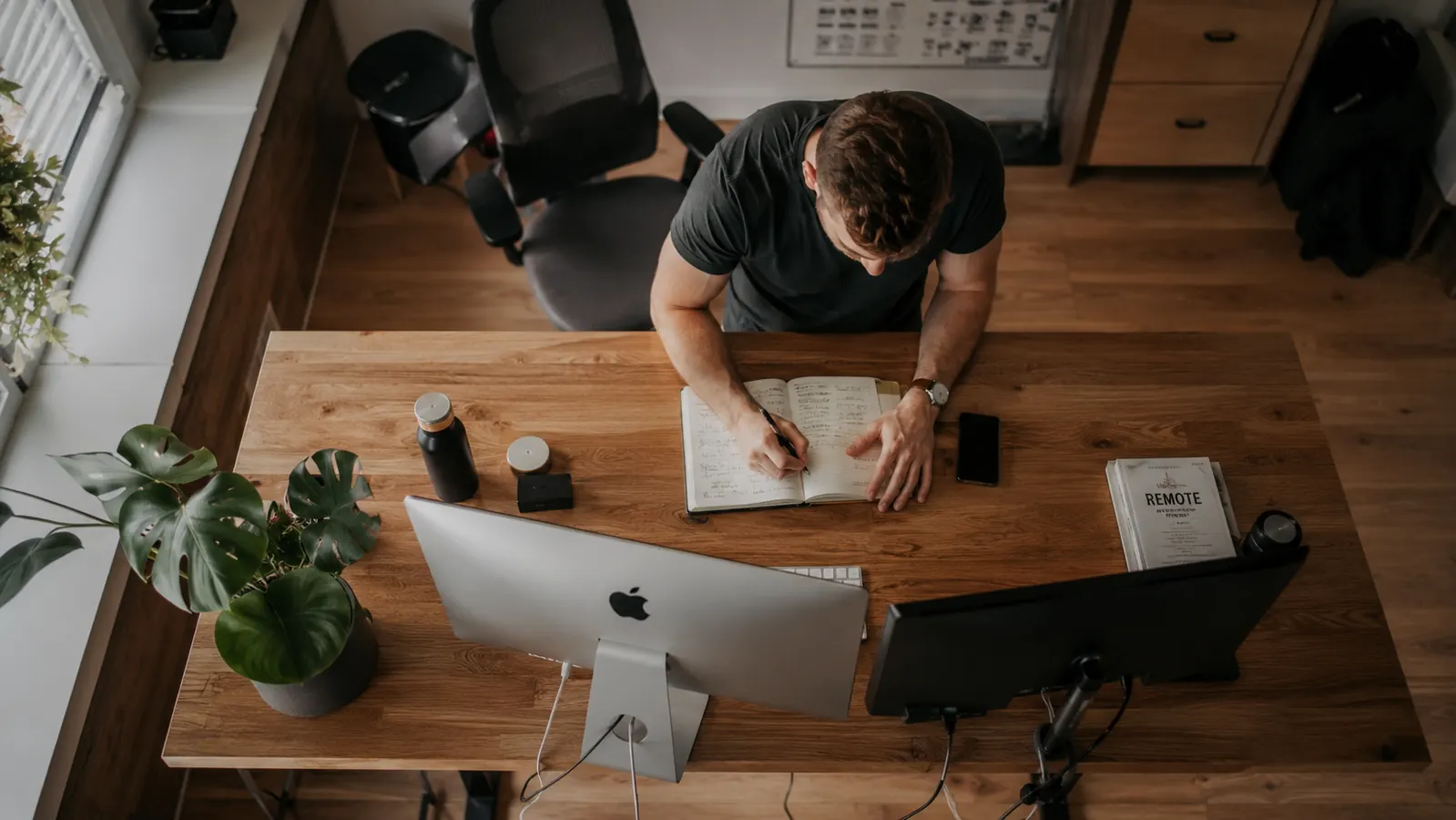 Overhead view of a home office desk setup with ergonomic chair, dual monitors, planner, and coffee
