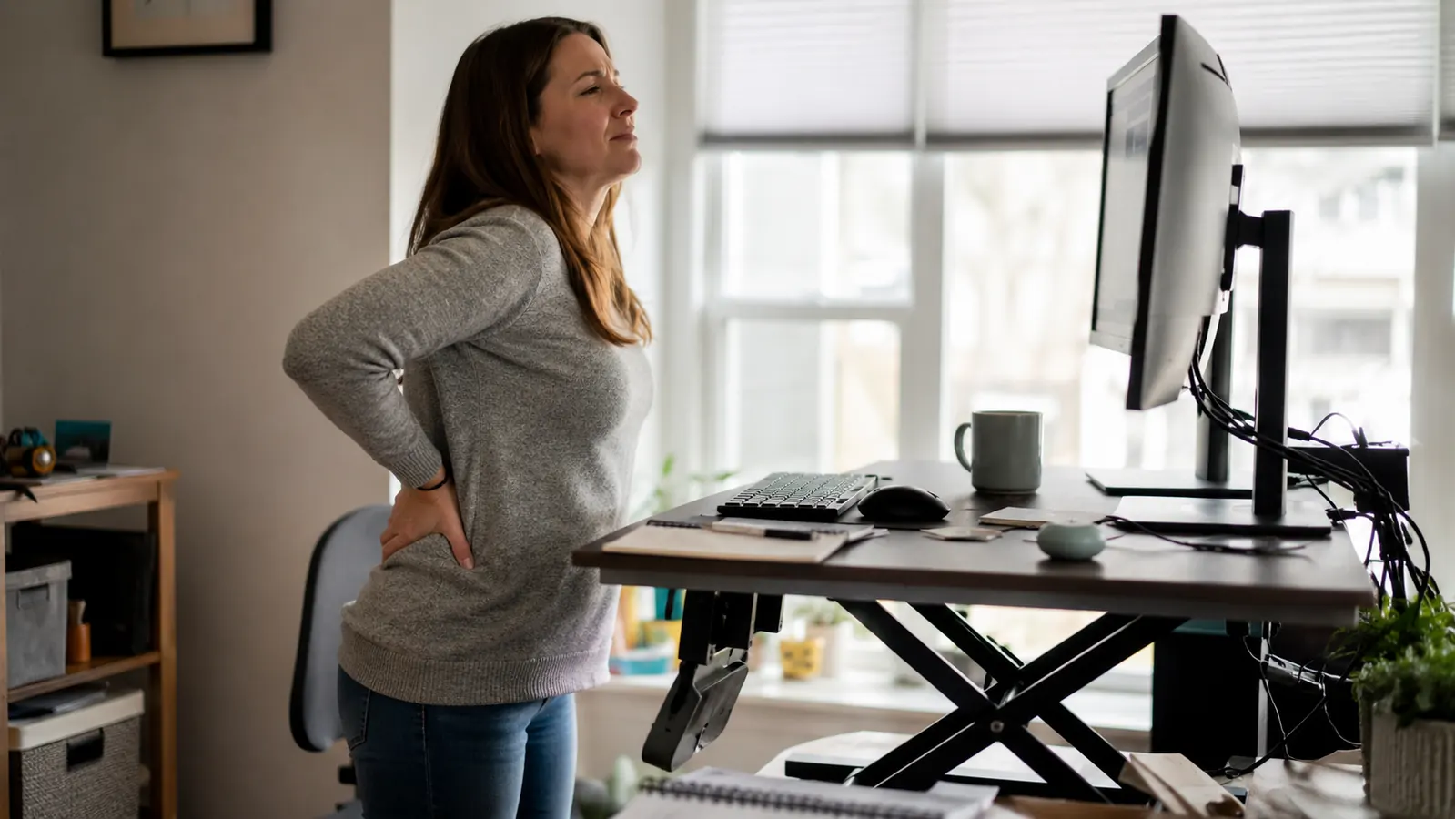 Founder standing at a very tall standing desk looking uncomfortable, papers scattered