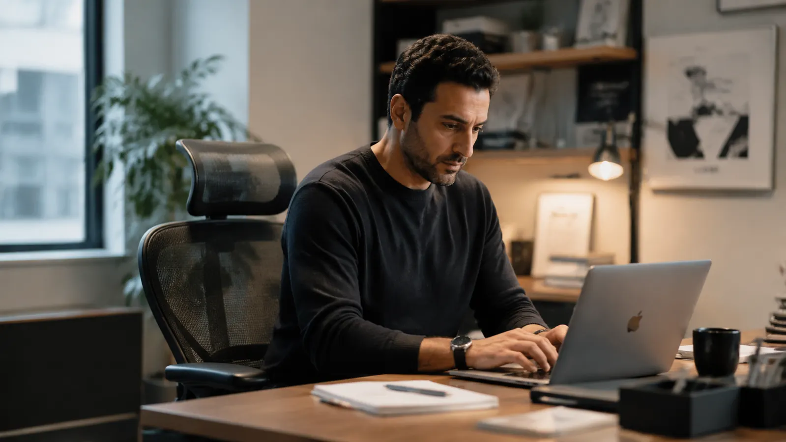 Entrepreneur working late at a standing-height desk next to an ergonomic chair, laptop open, focused expression