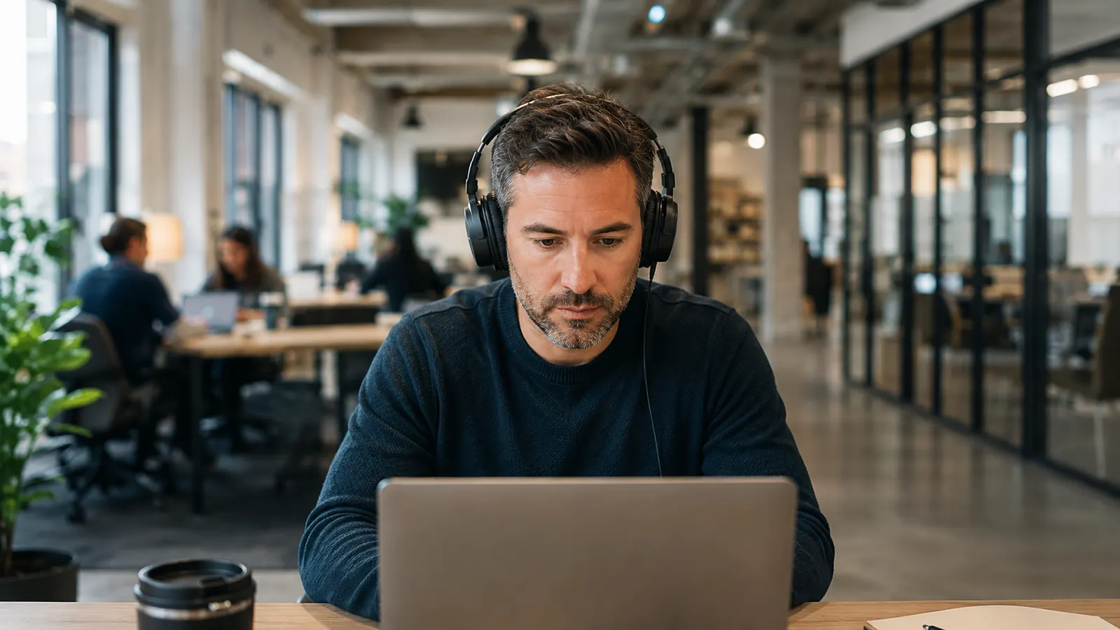Person wearing headphones on a video call, looking calm and composed in a busy co-working space background
