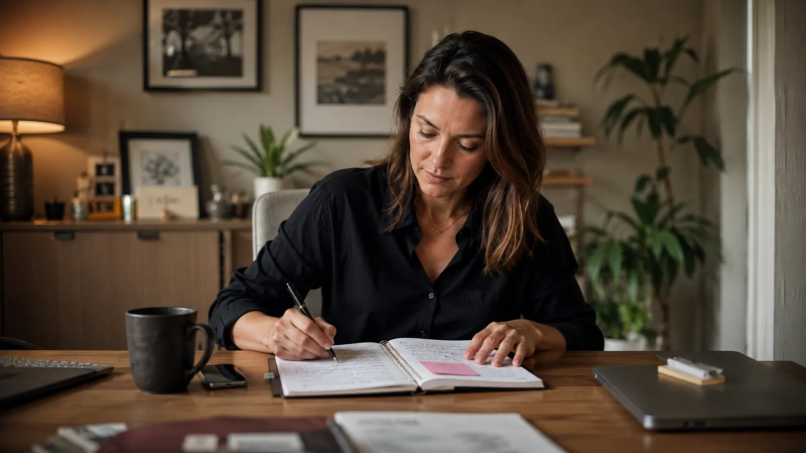 Entrepreneur reviewing completed tasks in a daily planner at the end of a Friday workday