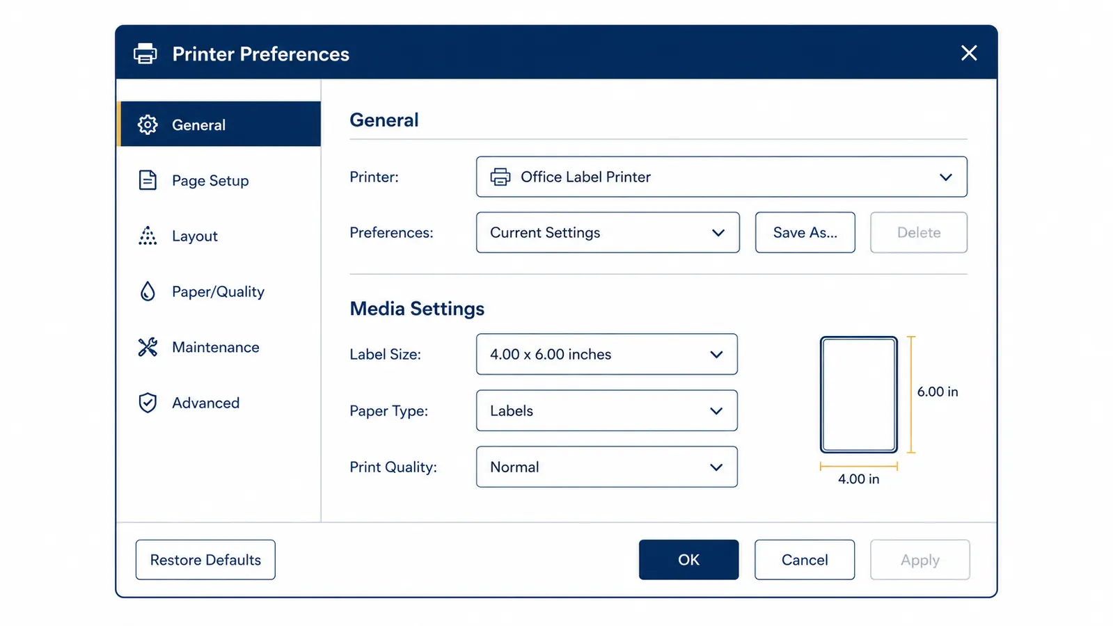 Screenshot-style chart showing Rollo print settings with 4x6 label size selected in the printer preferences window
