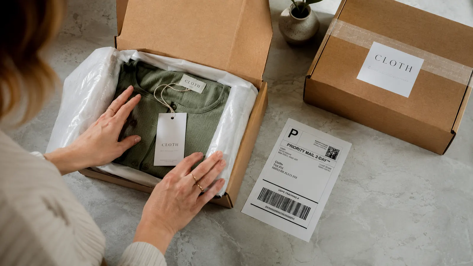 Neatly packed ecommerce order on a table with a printed label ready to apply