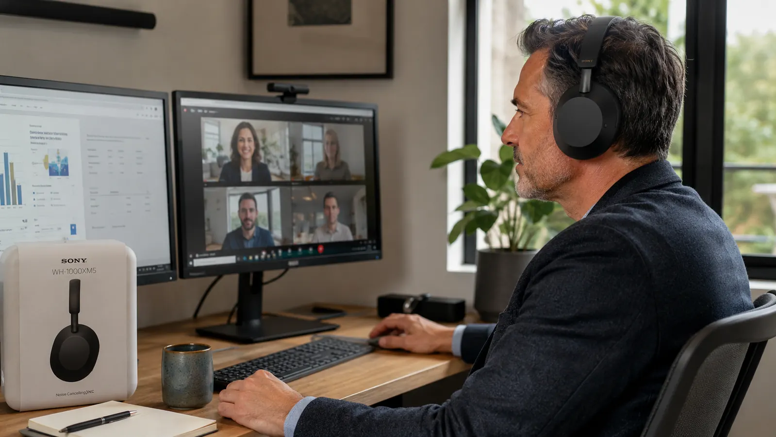 Entrepreneur wearing Sony WH-1000XM5 headphones during a video call at a home office desk